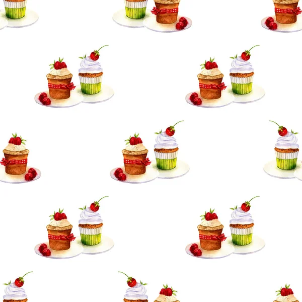 Безшумний Фон Ватерколірна Ілюстрація Торта Солодкий Десерт Ягодами Вершками Мериджі — стокове фото