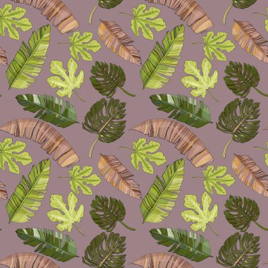 Çiçeksiz desen, yeşil, pembe ve kahverengi palmiye yaprakları, canavar, incir, muz. Duvar kâğıdı, kumaş, giysi, plaj tekstili tasarımı için..