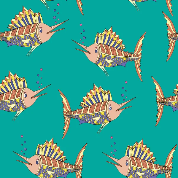 Bezproblémový Vzorec Marlin Fish Vektorové Znázornění Mořských Živočichů Krásné Kresby — Stockový vektor