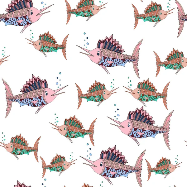 Bezproblémový Vzorec Marlin Fish Vektorové Znázornění Mořských Živočichů Krásné Kresby — Stockový vektor