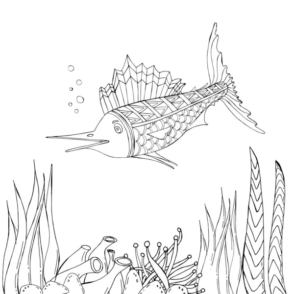 Poisson Marlin Illustration Vectorielle Des Animaux Marins Livre Colorier Beaux — Image vectorielle