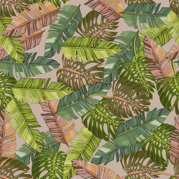 Tropik Palmiye Yaprakları Canavar Orman Yaprağı Taşıyıcısı Dikişsiz Çiçek Desenli — Stok Vektör