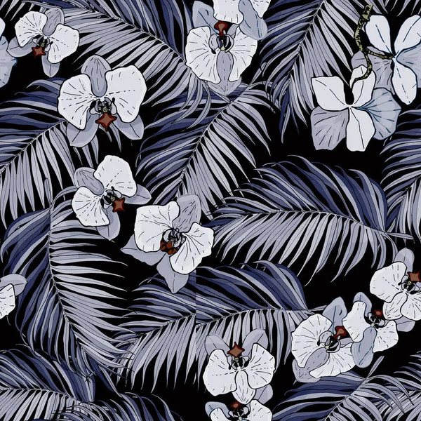 Seamless pattern. Tropical palm leaves, bananas and orchid flowers. Vintage botanical illustrations. — Stock vektor