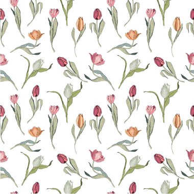  Seamless spring pattern with stylized cute pink flowers, tulips.