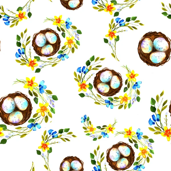 Seamless Pattern Eggs Nest Surrounded Twigs Flowers White Background — Stock Photo, Image