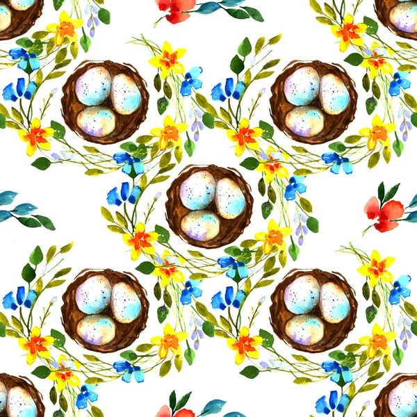 Seamless Pattern Eggs Nest Surrounded Twigs Flowers White Background — Stock Photo, Image