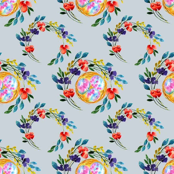 Seamless Pattern Eggs Nest Surrounded Twigs Flowers Blue Background — Stock Photo, Image
