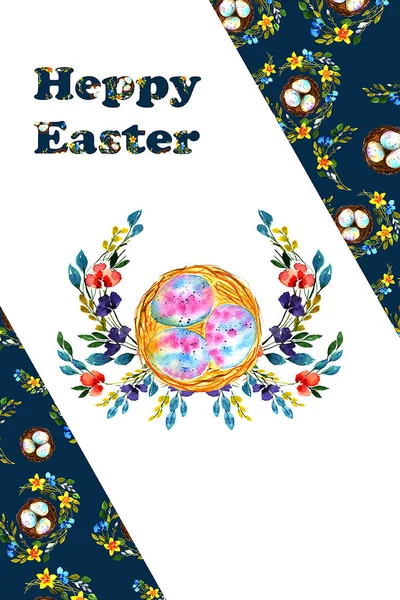 Húsvéti Kártya Madárfészekkel Gallyakkal Fehér Háttérrel Aranyos Színes Kézzel Festett — Stock Fotó