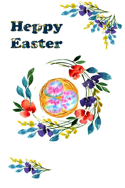 Easter Card Bird Nests Twigs White Background Cute Colorful Hand — Stock Photo, Image