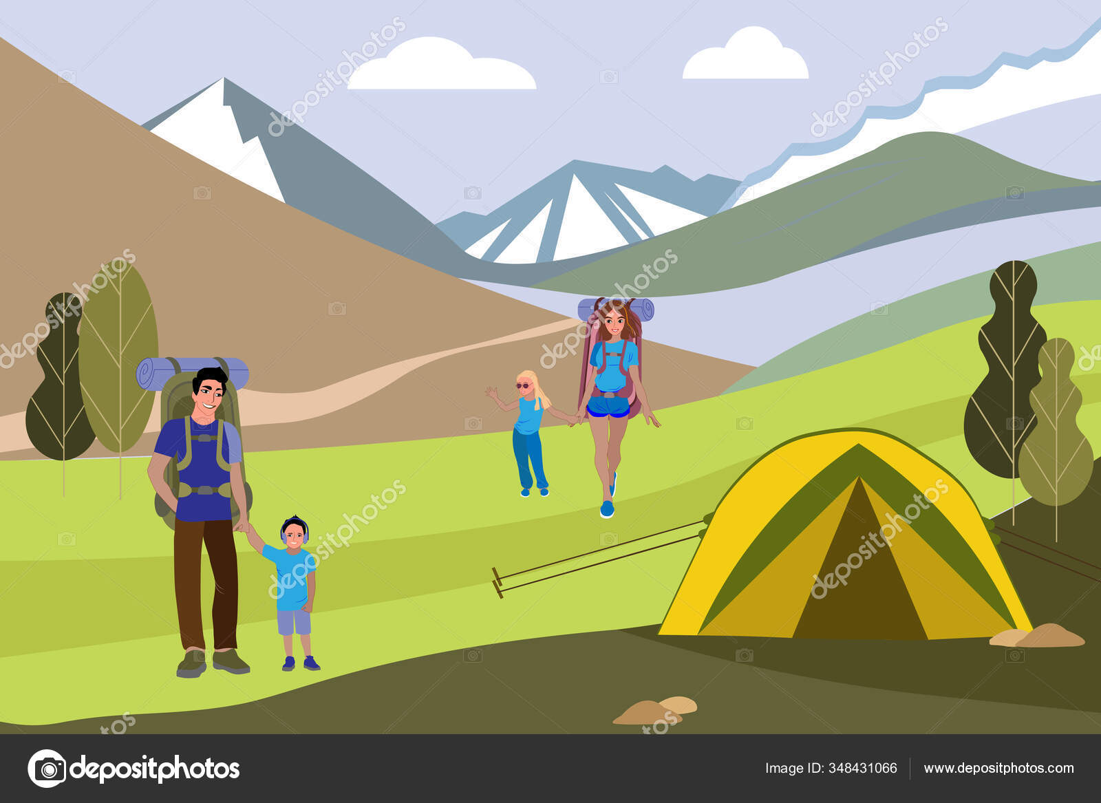 Vector Template Tourists Happy Family Goes Hiking Mountains Hiking Cartoon  Stock Vector Image by ©e11enazlata@ #348431066