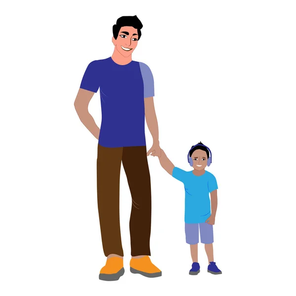 笑爸爸抱着儿子 父亲的爱 抚养儿子和一个小男孩与爸爸 快乐的家庭可爱的卡通人物被白色背景隔离 彩色矢量图解 — 图库矢量图片