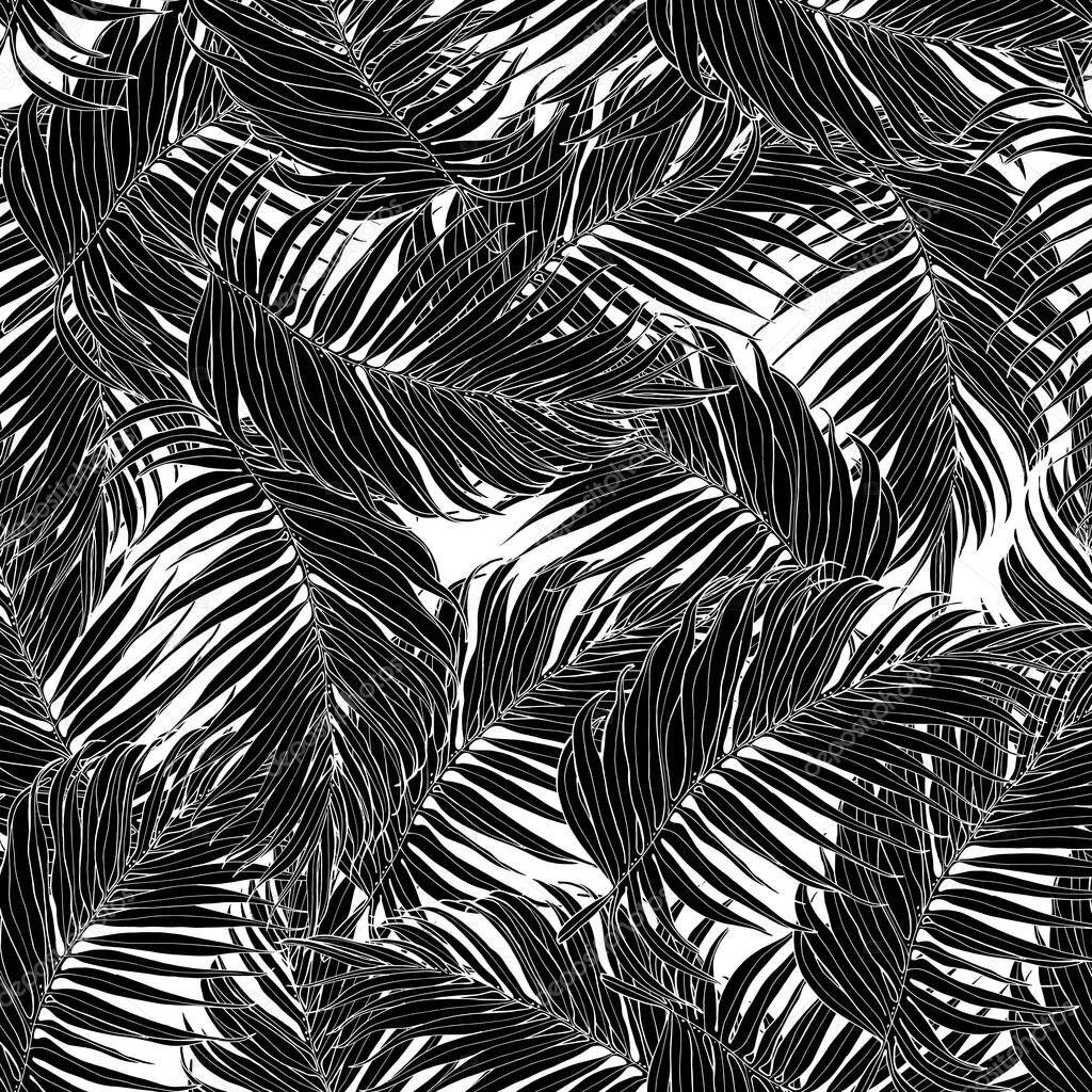 Seamless pattern, black and white palm leaves. Tropical pattern, botanical leaf backdrop. Trendy design for fabric, textile print, wrapping paper. Vector illustration