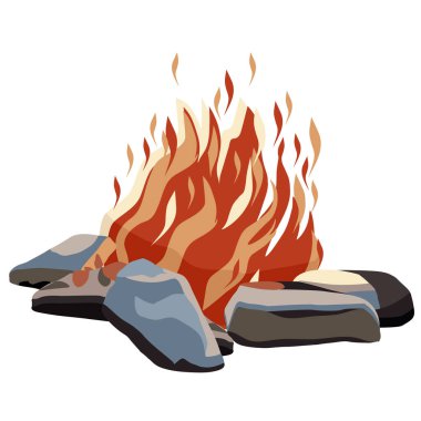 Taşların içinde turuncu bir şenlik ateşi yanıyor. Vektör karikatür tarzı şenlik ateşi çizimi. Siteler için simge. Beyaz arka planda izole edilmiş. Posterler, afişler ve logolar için vektör illüstrasyonu.