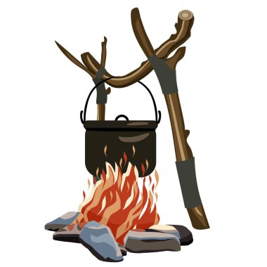 Tenceredeki yemek kazıkta pişiyor. Çevre turizmi. Vektör karikatür tarzı şenlik ateşi çizimi. Siteler için simge. Beyaz arka planda izole edilmiş. Posterler, afişler ve logolar için vektör illüstrasyonu.