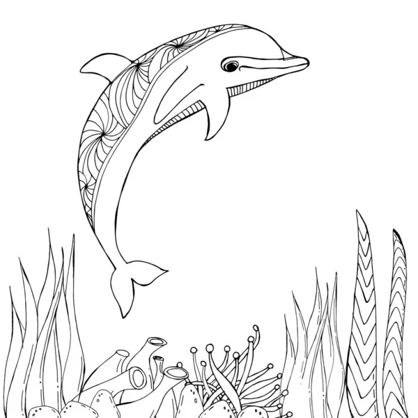 Delfin Morzu Otoczony Glonami Ilustracje Kolorowania Kolorowanki Dla Dorosłych Podwodny — Wektor stockowy