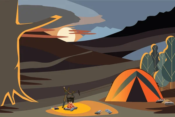 以平整的风格描绘的夜景 有帐篷 该网站的背景 夏令营 自然旅游 露营或远足设计概念的背景 — 图库矢量图片