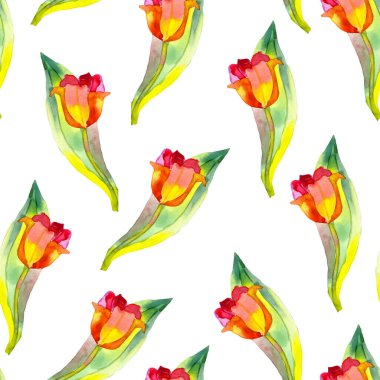 Şekillendirilmiş pembe çiçekleri ve laleleri olan kusursuz yay deseni. Tasarımınız, tebrik kartlarınız, anonslarınız, posterleriniz, kraft kağıdınız, künyeniz, hediye paketiniz için sonsuz doku.