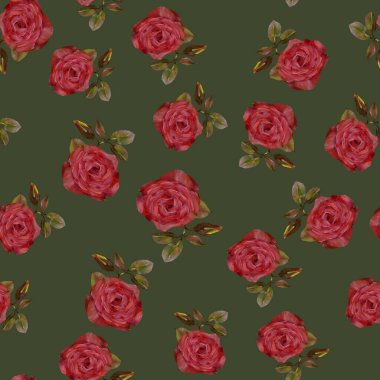 Yağlı boya. Yeşil arkaplanda çeşitli gül ve gül yapraklarının pürüzsüz deseni. Tekstil, ambalaj kağıdı, ambalaj kağıdı, masa örtüsü, bez, perde, duvar kağıdı.