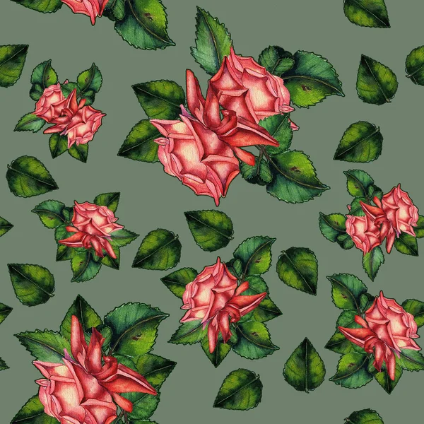 Oil painting. Seamless pattern of various red flowers of roses and rose leaves on a green background to create textiles, wrapping paper, wrapping, tablecloths, oilcloth, curtains, wallpaper
