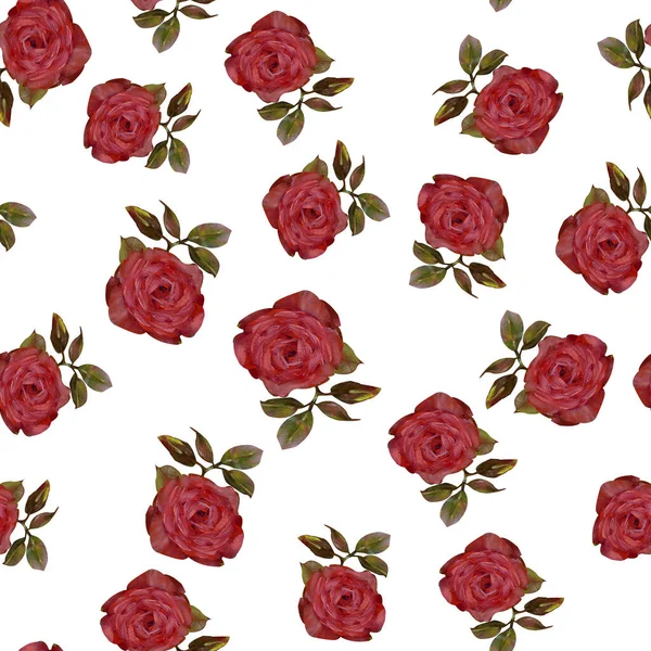 Рисунок Масла Бесшовный Рисунок Различных Красные Цветы Поднялись Листья Розы — стоковое фото