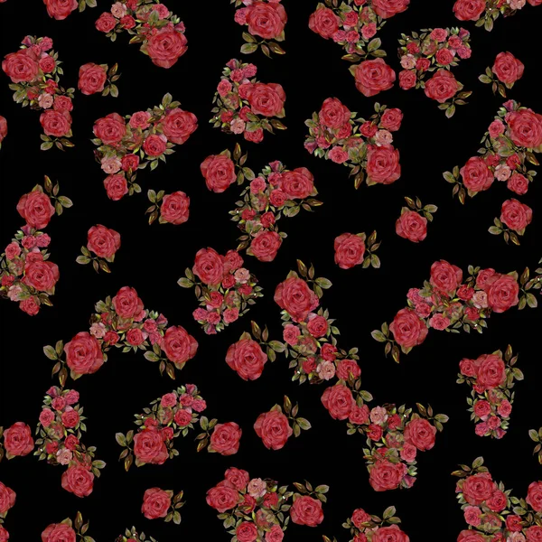 Oil painting. Seamless pattern of various red flowers of roses and rose leaves on a black background for creating textiles, wrapping paper, wrapping, tablecloths, oilcloth, curtains, wallpaper