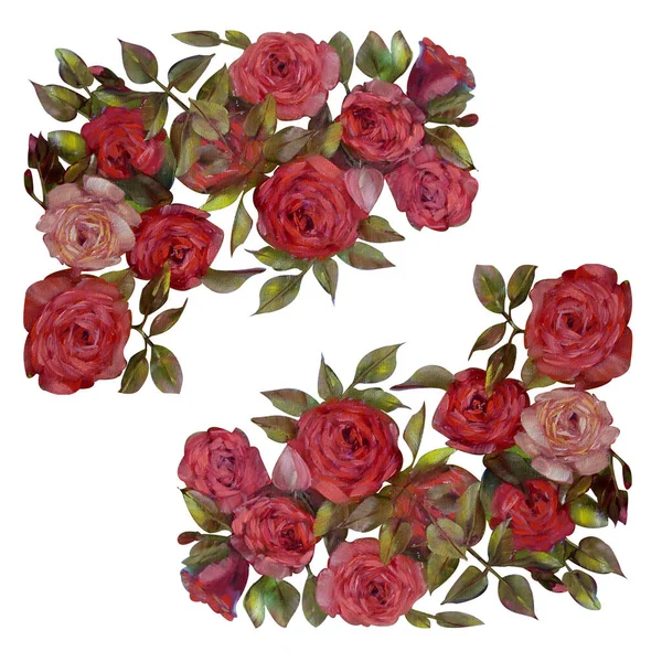 油彩画 包装紙 テーブルクロス オイルクロス カーテン 壁紙を作成するために 異なる赤い花のシームレスなパターンが上昇し 白い背景にバラを残します — ストック写真