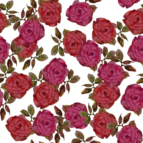 Малюнок Олії Безшовний Візерунок Різних Червоних Квітів Троянд Листя Троянд — стокове фото
