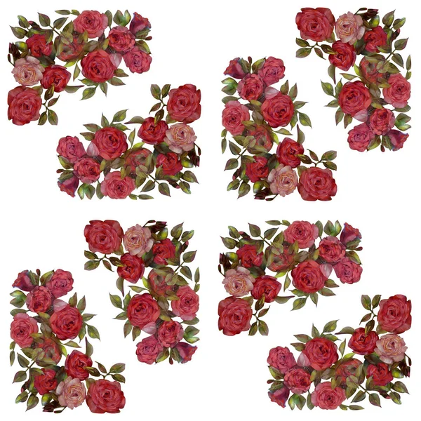 Oil Drawing Seamless Pattern Different Red Flowers Rose Leaves Roses — Stock Photo, Image