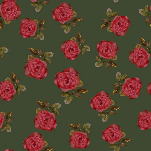 Oil Painting Seamless Pattern Various Red Flowers Roses Rose Leaves — Stock Photo, Image