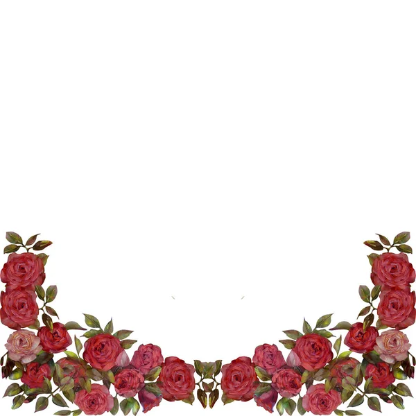 花のフレーム ピンクのバラの花のオイル 手描きのイラスト 白い背景に隔離されている グリーティングカード 結婚式の招待状 ラベルのデザインに最適 — ストック写真