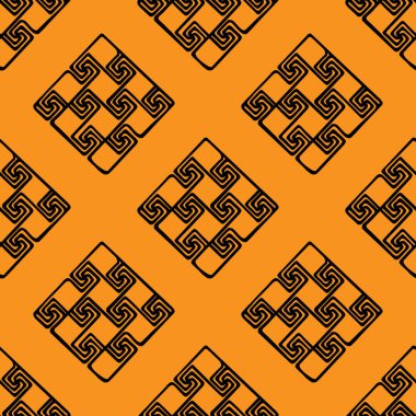 Geometrik desenli kusursuz desen. Eşkenar dörtgenleri ve kareleri olan etnik motifler. Turuncu, siyah. Duvar kağıdı, kumaş, perde, tekstil, giysi için tekstil baskılı kabile motifleri.