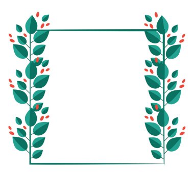 Yazı için boş bir yeri olan çerçeve. Yapraklar ve kahve meyveleri, kahve. Kartpostal, poster, afiş, web tasarımı ve tişört baskısı için kullanın. Düzenlemesi kolay. Vektör illüstrasyonu