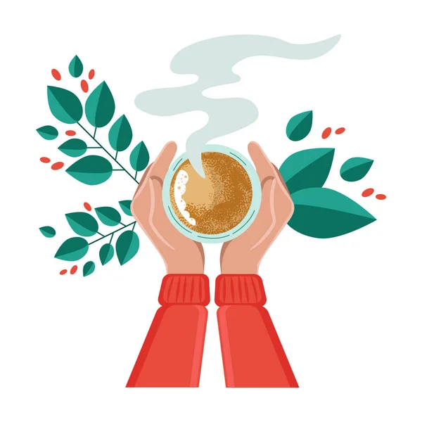 Kahve Içen Vektör Illüstrasyonu Çay Molası Kupa Eller Yukarı Manzara — Stok Vektör