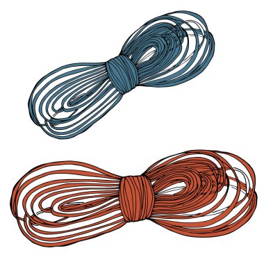 Gerçekçi iplikler, düz ve bağlı. Beyaz arka planda izole edilmiş halkalı kenevir veya kenevir kıvrımlı ipler. Kahverengi iplikli dekoratif elementler.