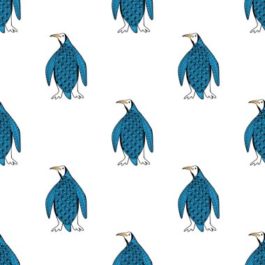 Tatlı Antarktika penguenleri pürüzsüz desenli. El çizimi resim. Mavili vektör arkaplanı. Ambalaj kağıdı, duvar kağıdı, perde, masa örtüsü, basılı ürün tasarımı için..