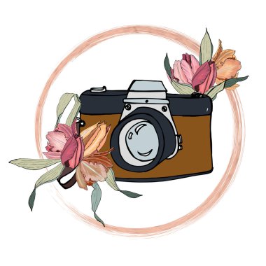 Kompozisyon kamerası ve bir buket lale. Doodle tarzı. Beyaz arka planda çiçek illüstrasyonlu logo. Tasarım, yazdırma veya arkaplan.