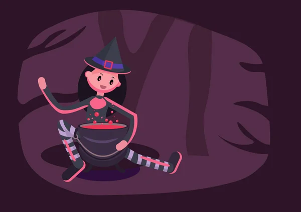 Cute Friendly Witch Black Hair Preparing Potion Cauldron Vector Cartoon — Stock Vector