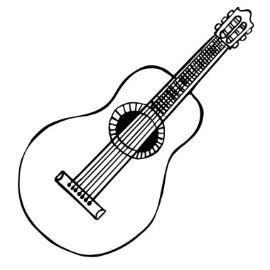 Yetişkin vektör çizimleri için gitar boyama kitabı. Siyah ve beyaz çizgiler. Turizm, kamp. Menü, poster, amblem, rozet, afiş, broşür için tasarım ögesi.