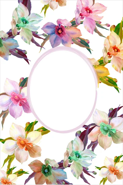 Piękna różowa karta orchidei z pustym miejscem na tekst. Botaniczny wzór karty zaproszenia ślubne — Zdjęcie stockowe