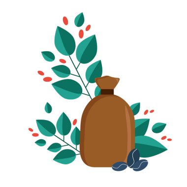 Kahve Torbası Düz Simgesi. Çanta, yapraklar, böğürtlen ve kahve meyveleri, kahve. Kartpostal, poster, afiş, web tasarımı ve tişört baskısı için kullanın. Düzenlemesi kolay. Vektör illüstrasyonu