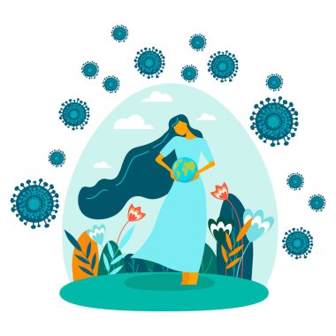 Heyecanlı genç bir kadın dünyayı bir salgından korumak için dünyayı elinde tutuyor..