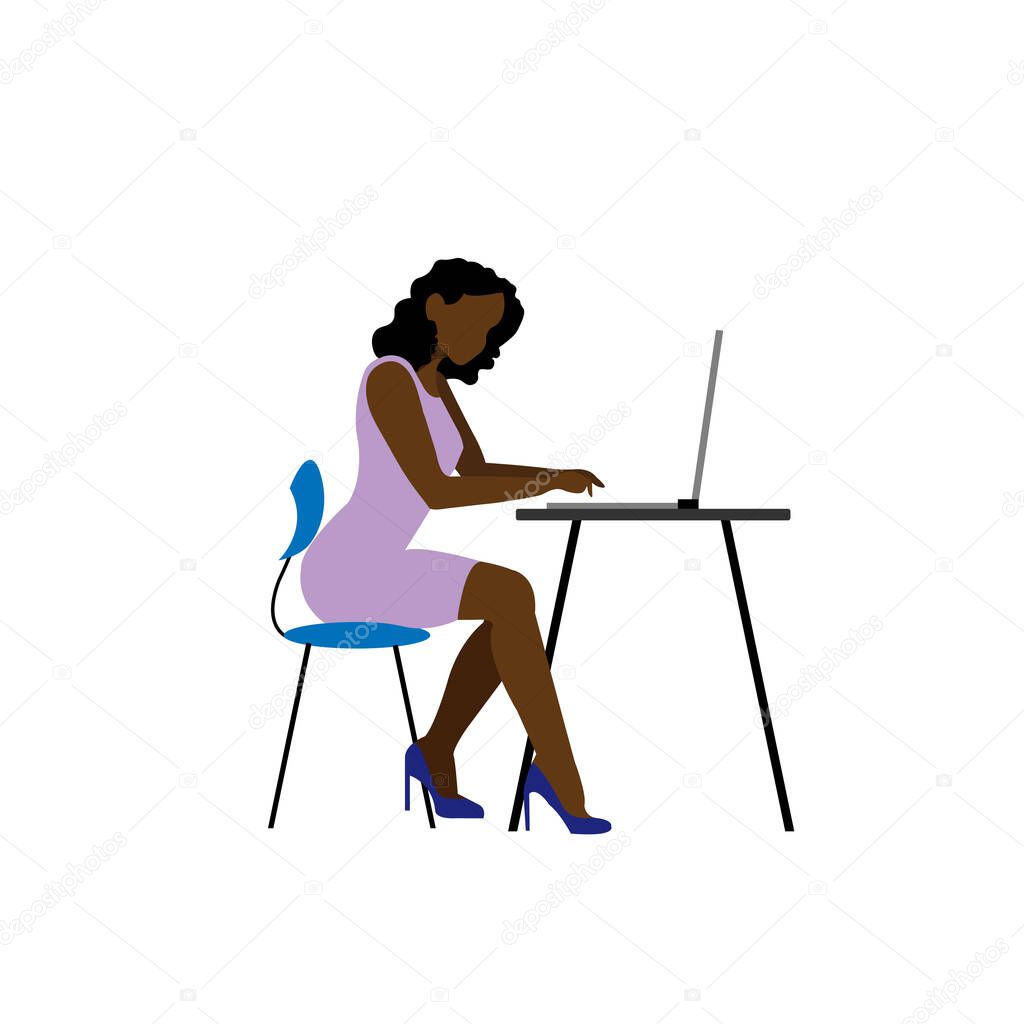 Woman works online at home, illustration. Social distance and self-isolation during quarantine of the coronavirus. Adorable american girl, african american woman working at home.