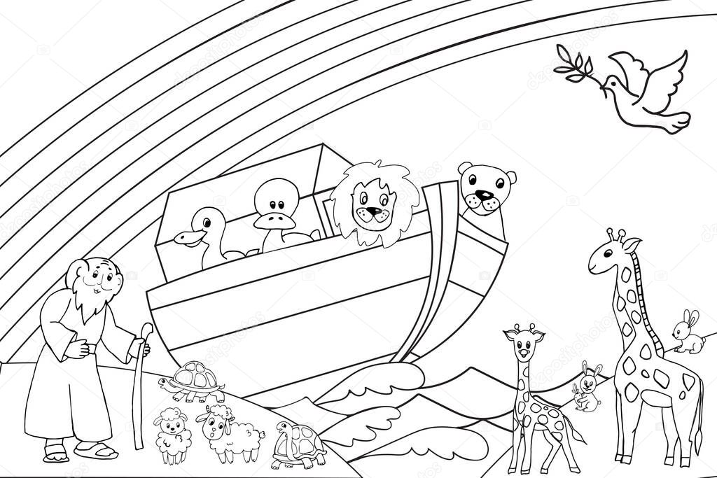 Christian Bible story of Noah s Ark. With a white dove returning with olive branch from emerging land in the distance black and white coloring page