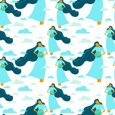 Kusursuz desen. Heyecanlı genç bir kadın dünyayı bir salgından korumak için elinde tutuyor. İyileşme ve mutluluk umuduyla. Coronavirüs salgını konsepti