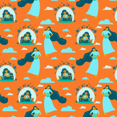 Kusursuz desen. Heyecanlı genç bir kadın dünyayı bir salgından korumak için elinde tutuyor. İyileşme ve mutluluk umuduyla. Coronavirüs salgını konsepti