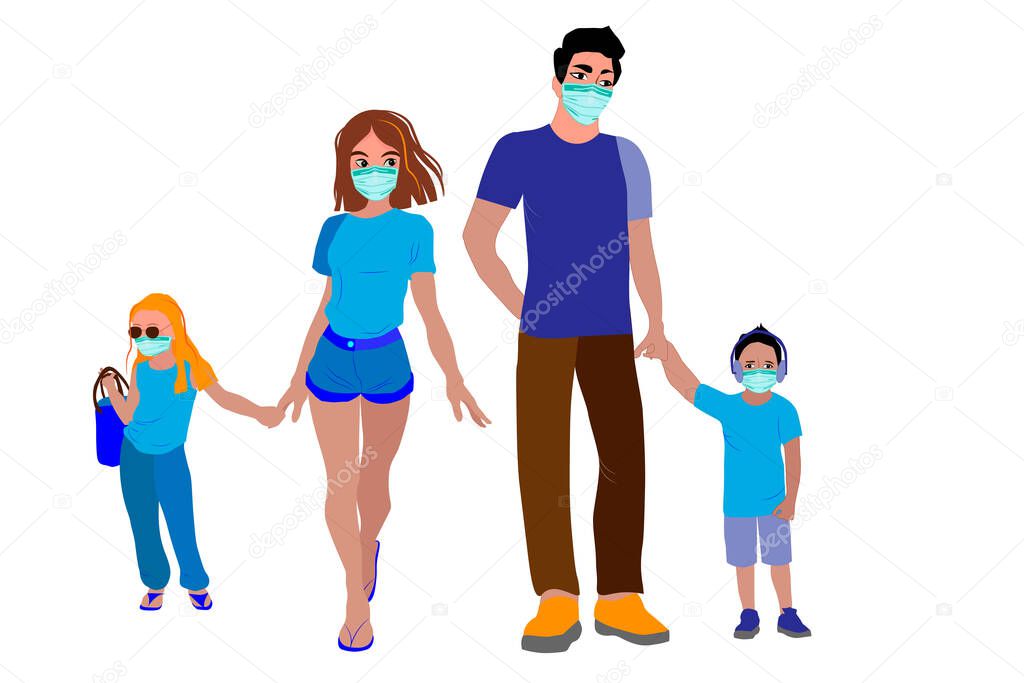 A family. Mom, dad and masked children. Quarantine and self-isolation measures in Europe. Masked people on the street to prevent diseases, coronaviruses, flu, air pollution. Vector illustration