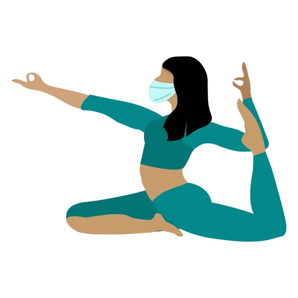 Belle Fille Sportive Dans Masque Fait Yoga Maison Kovid Prevention — Image vectorielle