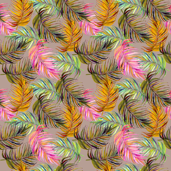 Seamless exotic pattern with tropical palm leaves in vintage style. Jungle botanical watercolor illustration. For wallpaper, textiles, fabrics, stationery, children's clothing, swimwear.