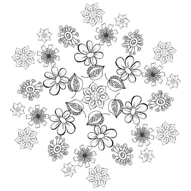 Çiçek desenli siyah beyaz karalama. Zentangle çizimi. Sihirli bahçede çiçek halısı