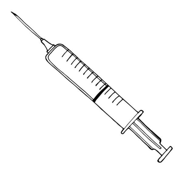 Illustrazione Vettoriale Stile Doodle Con Schizzo Siringa Inoculare Curare Malattie — Vettoriale Stock